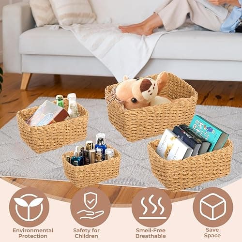 ZHHGOO Set di 5 Cestini Portaoggetti Intrecciato in Corda di Carta, Cestino Portaoggetti Colore Primario,Impilabile Organizer Fasciatoio, Decorazione Cestini Stoccaggio per Cameretta Salotto Ufficio thumbnail 4