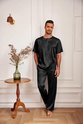 Ekouaer Mens Silk Pajama Set Short Sleeve Sleepwear Satin Pj with Long Pant | Loungewear,Breathable Nightwear,Soft Bottoms,Drawstring,Pocket,Matching Sets,Summer,Fall,Winter,Men's Gift,Vacation Outfit thumbnail 3
