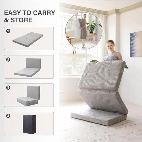 MLILY Tri-Fold Memory Foam Mattress Topper, 4 inch Single Folding Mattress with Collapsible and Washable Cover, Travel and Guest Mat, 75"×25"×4", Grey thumbnail 5
