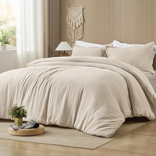 PHF Cotton Muslin Comforter Set King – 100% Cotton Cover, Ultra Soft & Breathable, 3PCS Lightweight All-Season Bedding with Polyester Fill, 1 Comforter 104"x90" & 2 Pillow Shams 20"x36", Natural - Image 1