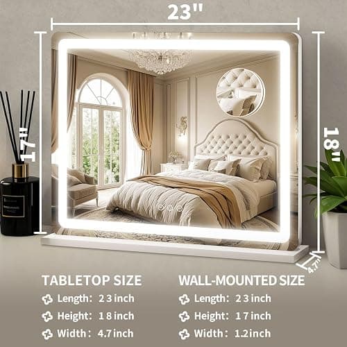 ROLOVE 23"x 18" Large Vanity Mirror with Lights, LED Makeup Mirror for Dresser and Desk, 10X Magnification, Dimmable Touch Control, Wall Mounted or Tabletop Mirror for Bedroom (White) thumbnail 2