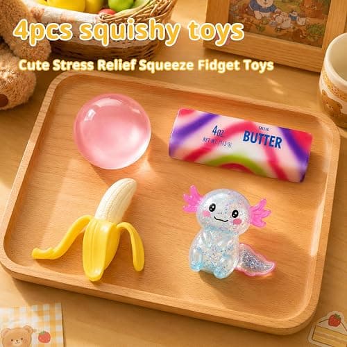 4 Pack Fun Food Squishy Set – Coconut Oil + Axolotl + Banana + Rainbow Butter Squishy, Sensory Stress Relief Fidget Toys, Cute Pocket for Home Office Travel, Calming Anxiety Gifts for Adults. thumbnail 5