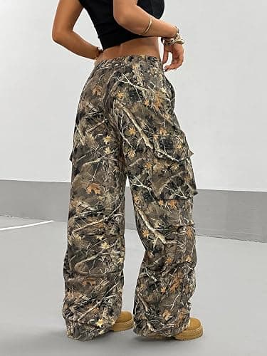 OYOANGLE Women's Camo Print Baggy Cargo Pants Elastic Waist Flap Pocket Straight Leg Trousers Streetwear thumbnail 2