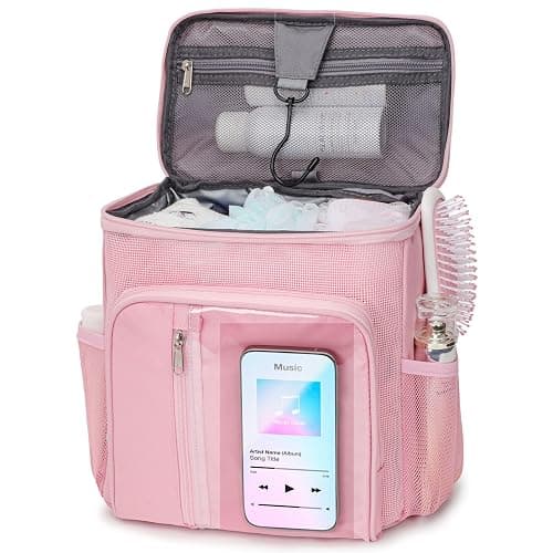 F-color Shower Caddy Portable for College Dorm Essentials - Large Hanging Sturdy Handle Toiletry Tote Bag with Hook, Multiple Pockets, Quick Dry Organizer for Camping, Travel, Gym, Pink - Image 1