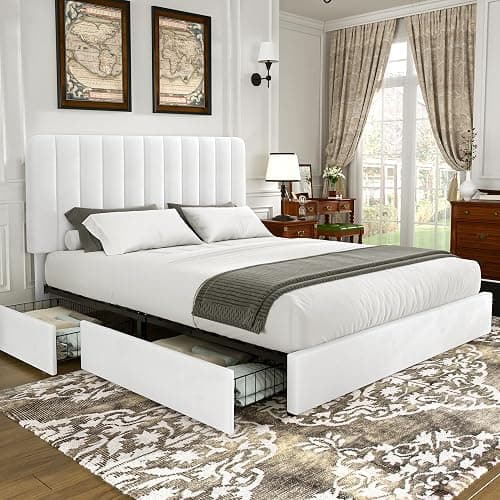 VECELO Queen Size Upholstered Bed Frame with 4 Drawers and Headboard, Velvet Platform Storage Bedframe, Wooden Slats Support, No Box Spring Needed,Snow-White - Image 1