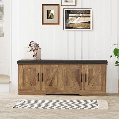 HOMSHO 2-Tier Storage Bench, 47.2" Wide Shoe Bench with Padded Seat Cushion, Entryway Bench with 4 Barn Doors and Adjustable Shelf, Rustic Walnut thumbnail 9