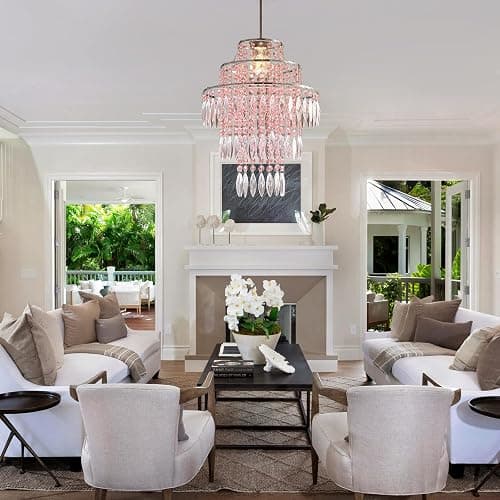 SEEYUAN 3 Tiers Acrylic Chandeliers lamp Shade, Pink Acrylic Beaded Chandelier,Pendant Ceiling Light Shade for Wedding Bedroom Hallway Bathroom - Diameter 13.7''*H17.7'' thumbnail 6