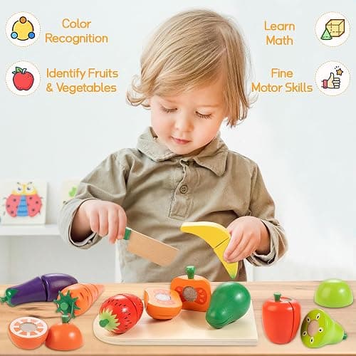 Wooden Play Food for Toddlers, Fruit & Veggies Cutting Set for Play Kitchen | Pretend Play Food, Teaches Part/Whole & Colors, Includes Knives & Board, Christmas Birthday Gift for Boys Girls 3+ Year Old thumbnail 8