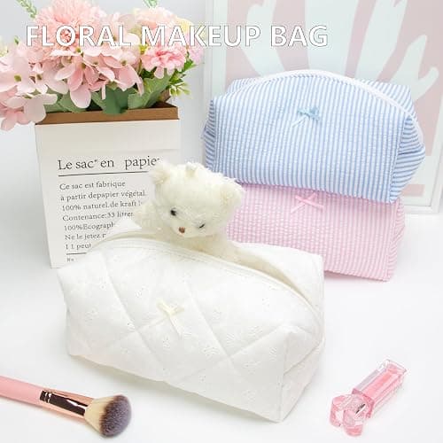 PAZIMIIK Cozy Makeup Bag Travel Cosmetic Bag for Women Soft Toiletry Bag Aesthetic Makeup Organizer Portable Large Zipper Pouch for Skincare Beauty Accessories Brushes Embroidery White thumbnail 5