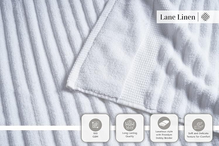 LANE LINEN White Bath Towels Set of 6-100% Cotton Towels for Bathroom, Hotel & Spa - Zero Twist, Premium Quality, Soft, Absorbent, Ribbed Bathroom Towel Set - Includes 2 Bath, 2 Hand & 2 Washcloths - 6 Piece Set - 02: White thumbnail 5