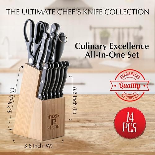 Moss & Stone 14 Pcs Knife Block Set Stainless Steel, Premium Forged Kitchen Knives Set with High-Carbon Blades, Ergonomic Handle, Sharp Blade, Rust Resistant, Modern Style for Home & Chef, Black thumbnail 3