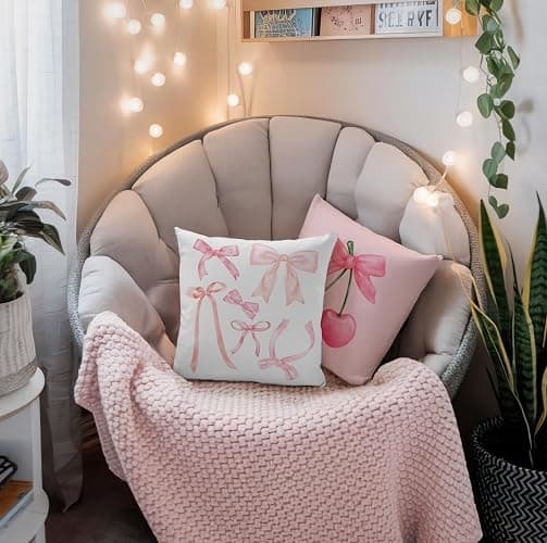 ISANOU Coquette Room Decor,Pink Cute Bow Throw Pillow Covers 18x18 Set of 4,Gifts for Teen Girls Women,Pink Decorative Pillowcase for Sofa Couch Bedroom Chair Home thumbnail 5