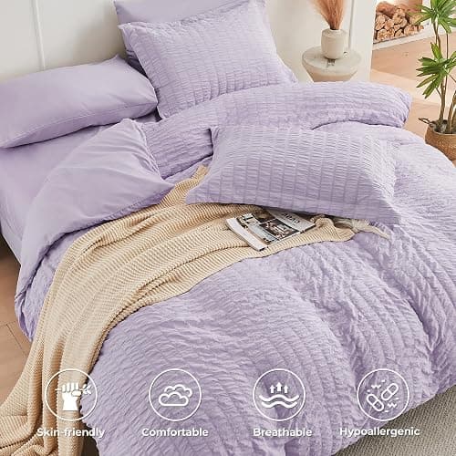 HYMOKEGE Lavender Full Size Comforter Sets Seersucker 7 Pieces, All Season Luxury Bed in a Bag for Bedroom, Bedding Set with Comforters, Sheets, Pillowcases & Shams thumbnail 3