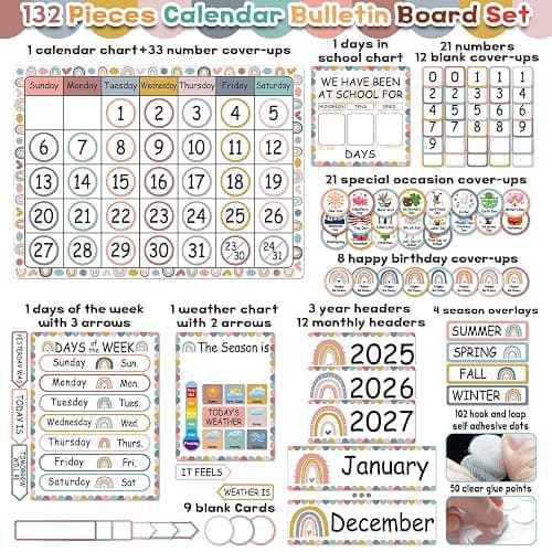 132 Pieces Boho Rainbow Calendar Bulletin Board Set with Days of The Week, Days in School, Seasons, Festival, Weather Cards for Classroom Home Decoration Supplies thumbnail 4