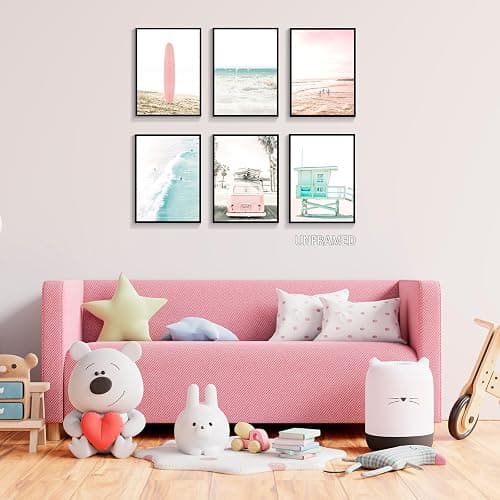 mifyuibytr Set of 6 Beach Canvas Wall Art, 12x16in Tropical Summer Ocean Coastal Posters, Preppy Gallery Beach Prints, Girly Nautical Surfboard Bus Room Decor, California Beachy Pictures Unframed thumbnail 7
