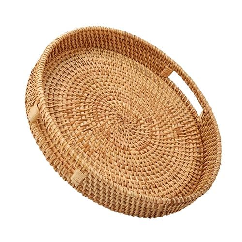 Whalehub Round Rattan Serving Tray with Handles, Hand Woven Basket, Home Decor Organizer Tray for Breakfast, Tea, Snack, Fruit, Coffee,Storage (Medium)(11.9inchX1.7inch) - Image 1