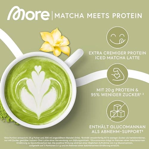 MORE Protein Iced Matcha Latte, 500g, Matcha Grünteepulver mit wertvollen Proteinen, wenig Zucker und Fett - made in Germany thumbnail 2