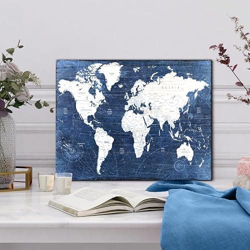 World Map Canvas Wall Art Modern Office Pictures Decorations World Maps for Living Room Wall Decor Retro Global Map Poster Navy Blue Framed Painting Artwork Home Bedroom Decoration 12x16” thumbnail 2