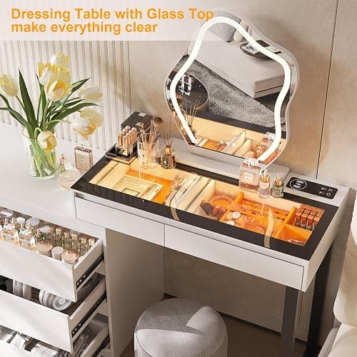 BROTTAR Vanity Dressing Tables with LED Lights, Glass Top Vanity Table Makeup Desk with Cloud-Shaped Mirror and 5 Drawers, White Dresser with Charging Station for Bedroom - Style A thumbnail 3