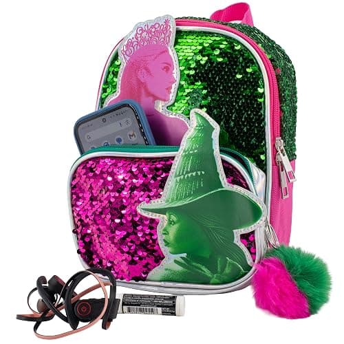 AI ACCESSORY INNOVATIONS Wicked 9” Micro Mini Backpack Purse Featuring Glinda & Elphaba 3D Character Patches, Shiney Sequins, & Pompom Dangle thumbnail 5