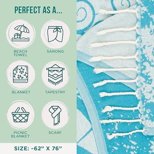 Sand Cloud Extra Large Turkish Beach Towel - Free 100% Organic Cotton Yarn Quick Dry for Beach, Picnic, Blanket or Bath As Seen on Shark Tank Marine Life (Crush Turtle Teal) thumbnail 3