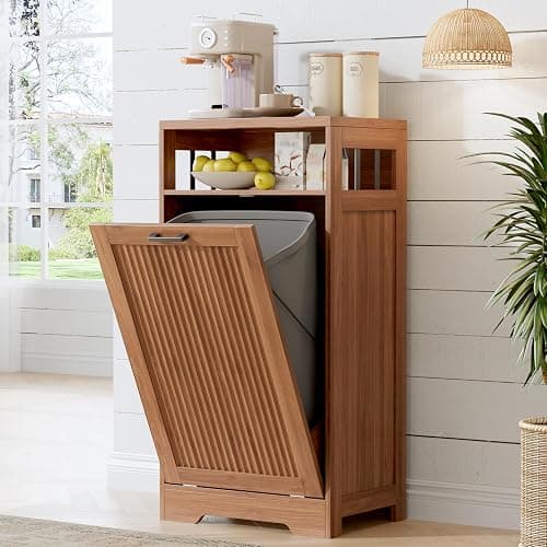 jmhdyg Pet-Proof Single 13 Gallon Tilt Out Trash Can Cabinet with Open Storage – Hide Garbage & Recycling Bins to Keep Your Kitchen Clean and Organized,Walnut - Image 1