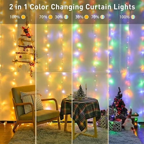 JMEXSUSS 300LED Dual Color Changing Curtain Lights, Plug in, 9.8 x 9.8ft | Remote, Connectable, Warm White to Multicolor Hanging String Lights for Bedroom, Dorm, Classroom, Party, Backdrop, Xmas Decor thumbnail 2