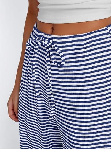 Trendy Queen Womens Striped Ribbed Wide Leg Pants Casual Drawstring Elastic Waist Baggy Sweatpants with Pockets thumbnail 6