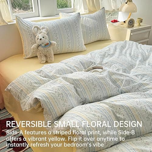 BOLINLIVING Vintage Floral Duvet Cover Twin Size,Kids Girls Blue Striped Flower Duvet Cover Set with Pillowcase, Soft Microfiber Bedding Set for All Season with Zipper Closure and 8 Corner Ties thumbnail 2
