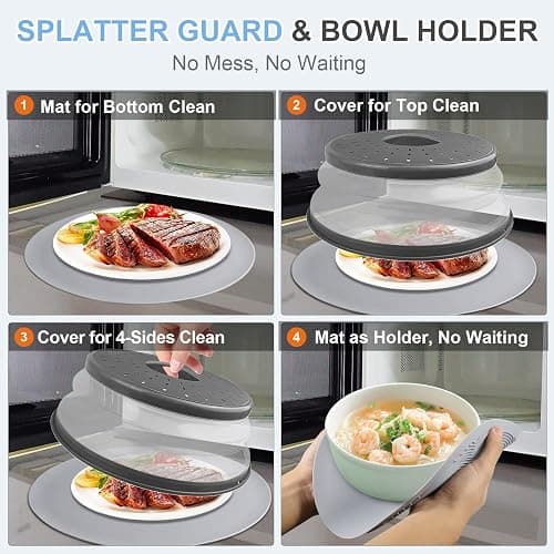LekDrok Microwave Food Cover with Mat 12 Inch, Mat as Bowl Holder, Cover for Splatter Guard, Collapsible Lid for Plate Dish, Multi-Purpose Silicone Mat & Kitchen Colander Gadget for Meal Prep,Charcoal thumbnail 4