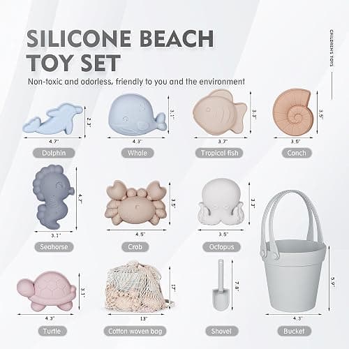 MarcZero 11Pcs Silicone Beach Toys Set - Travel Friendly With Bucket, Shovel, 8 Sand Molds, Bag - Modern Baby Sand Toys for Toddlers, Kids (Gray) - Gray thumbnail 3