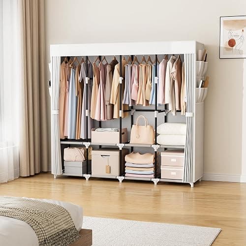 VTRIN Portable Closet for Hanging Clothes 67 Inch Wide Large Capacity Portable Wardrobe Closet with Cover, 4 Storage Shelves and 4 Hanging Rod Sturdy Free Standing Closet for Bedroom, White thumbnail 2