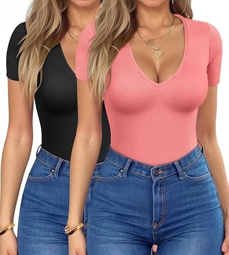 HOTOUCH Women Deep V Neck Tops Slim Fit Summer Short Sleeve T Shirts | Ribbed Knit Stretchy Material, Sexy Low Cut Basic Tee, Going Out Trendy Outfits, Fashion Clothing - Image 1