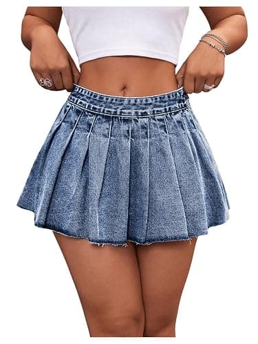 MakeMeChic Women's Pleated Denim Skirt Low Waist Raw Hem A Line Zipper Mini Jean Skirt - Image 1