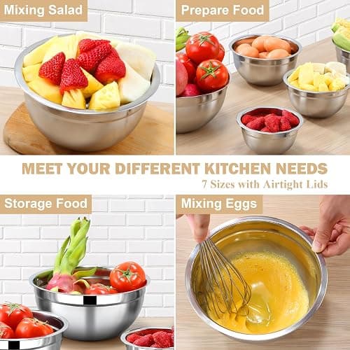 Funnydin 7 Piece Stainless Steel Mixing Bowls with Lids Set - Khaki Nesting Metal Mixing Bowls for Kitchen, Sizes 4.5, 4, 3.5, 2.1, 1.5, 1.1, 0.7 Qt for Baking, Cooking and Serving, Dishwasher Safe thumbnail 7