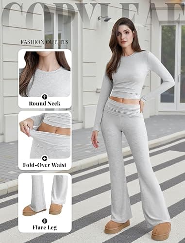 COPYLEAF Two Piece Lounge Sets for Women Fold Over Flare Pants Short Sleeve Crop Top Y2k Outfits Matching Set Tracksuit thumbnail 6