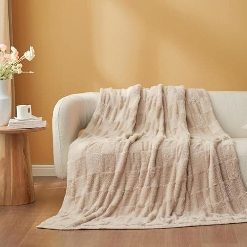Snuggle Sac Checkered Throw Blanket Faux Fur Microfiber Blankets for Couch,Cozy Soft Warm Blanket for Sofa Bedroom Living Room,Solid Beige,50x60 inches thumbnail 8
