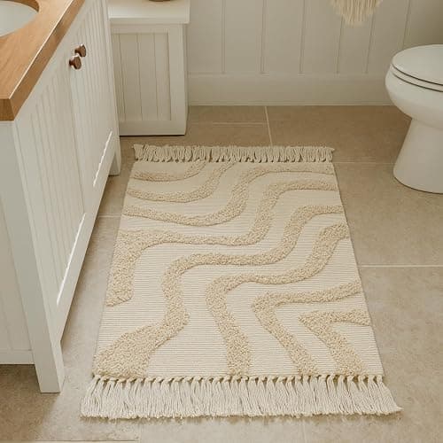 Beautiful Boho Rug with Tassels for Your Bathroom - Soft 2 x 3 ft. Cotton Rug Fits Perfectly Into Your Bath - Washable, Cream Colored Non-Slip Mat Ideal to Enhance Any Modern Home Decor, 24 x 36 inch - 2' x 3' (Rectangular) - Image 1