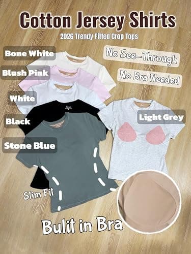Danysu Nude Built in Bra Cotton Jersey T Shirt No See Through Stretchy Lightweight Fitted Everyday Basic Tops Gym Workout Tee thumbnail 5