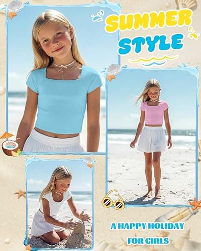 LessonZoo 3 Pack Girls' Short Sleeve Crop Tops | Cap Short Sleeve, Square Neck, Slim Fit, Cropped Tees, Basic Layerings, Cute, Casual, Back to School, Trendy, Vacation thumbnail 3
