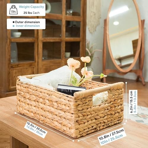 VATIMA Hyacinth Large Wicker Basket 15.5x10.8x6.2" - Rectangular, Wooden Handles, Shelf Organizer thumbnail 3