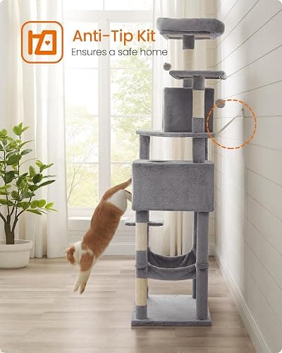 Feandrea Cat Tree, 73.2-Inch Tall Cat Tower, Plush Multi-Level Condo with 5 Scratching Posts, 2 Perches, 2 Caves, Hammock, 2 Pompoms, Light Gray UPCT191W01 thumbnail 9
