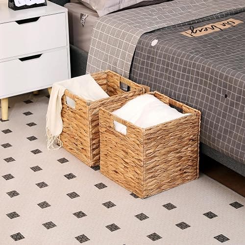 HOYCYA6 11x11in Wicker Storage Basket Set of 2 Collapsible Hyacinth Cube Storage Baskets,Storage Bins for Organizing Storage Basket with Built-in Handles thumbnail 6