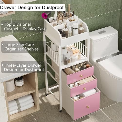 Makeup Organizer Storage Cart with Drawers Rolling Makeup Cart with Wheels | Girls Makeup Drawers Make up Organizer Makeup Storage Cabinet Bathroom Cart for Cosmetics Nail Polish Art Supply thumbnail 3