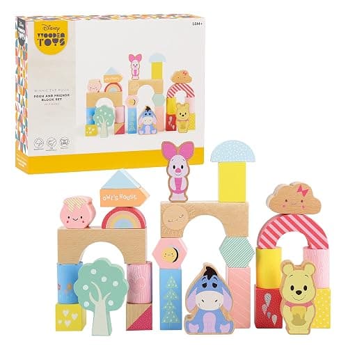Disney Wooden Toys Winnie the Pooh & Friends Block Set, 26-Pieces Include Winnie the Pooh, Piglet and Eeyore Block Figures, Officially Licensed Kids Toys for Ages 18 Month by Just Play - Image 1