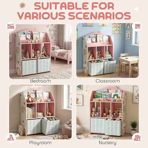 AIYAPLAY Kids Bookshelf with Storage, Toy Storage Unit, Book Display, Pink | Shelves, Fabric Drawers, Multipurpose Children's Bookcase, for Playroom and Nursery thumbnail 8