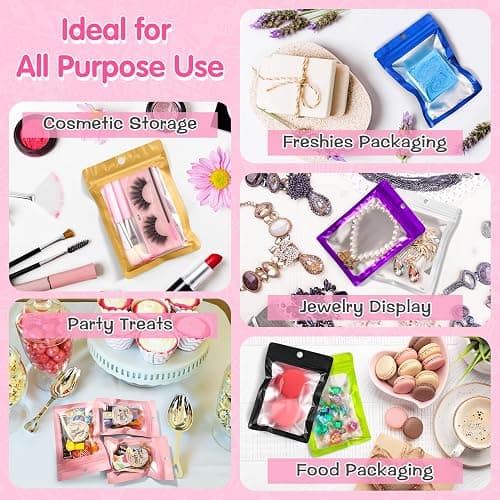 FUNFERY 100 Pack Mylar Resealable Bags Foil Packaging Bags with Frosted Clear Window, Zipper Bag Smell Proof Pouch for Food Storage, Cookies, Sample, Small Business(Pink, 2.4x3.9inch) thumbnail 7
