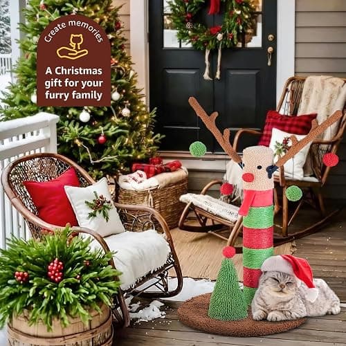 BOLUO Christmas Cat Scratching Post Deer Cat Trees for Adult Cats Scratcher Cute Toy Kitten Kitty Sisal Scratch with Teaser Ball Indoor 25 inch thumbnail 6