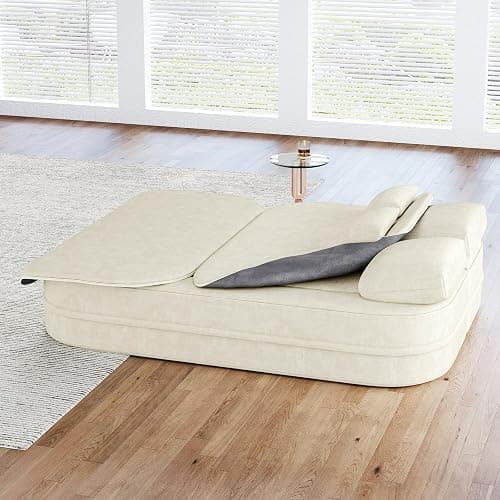 Antetek Convertible Sleeper Sofa, Modern Folding Futon Chenille Floor Foam Compression Loveseat Sofa Bed Couch, Foldable Full-Size Guest Bed with 4 Pillows for Living Room Bedroom Apartment, Beige thumbnail 9