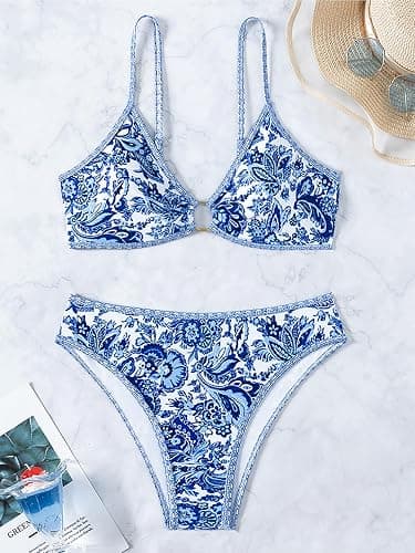 Tainehs Women's Two Piece Bikini Sets O Ring Front Top Ditsy Floral Triangle Swimsuits Cheeky Bathing Suit thumbnail 3
